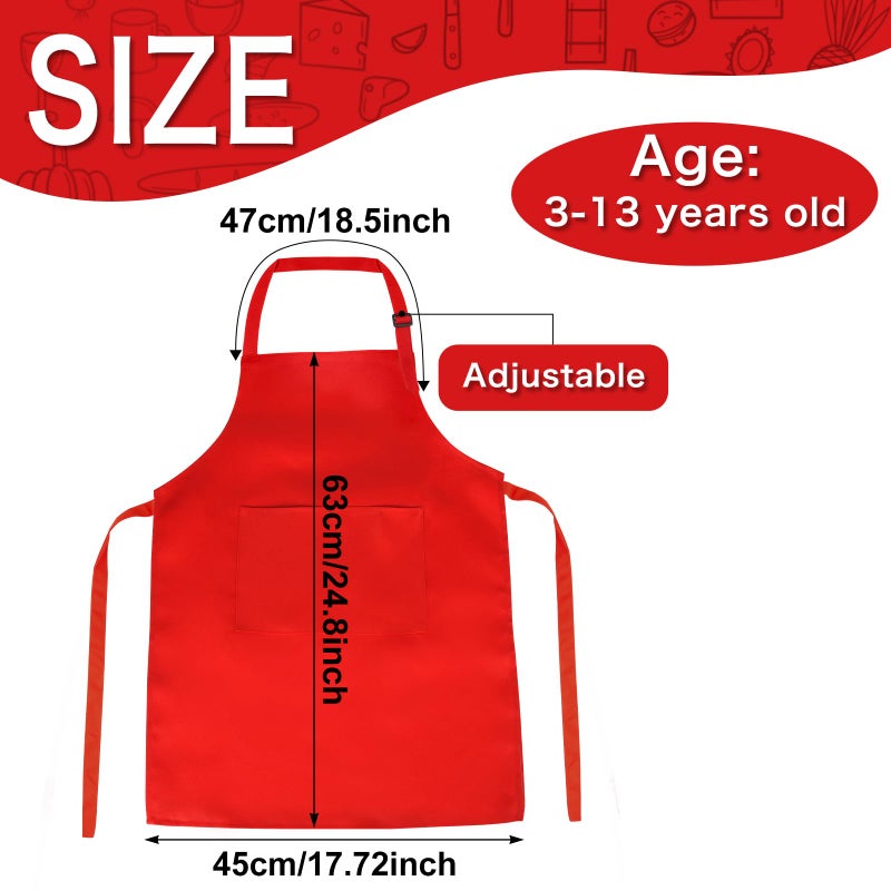 PLULON 4 Pcs Aprons for Kids Adjustable Kids Red Apron Bulk with Pocket Painting Aprons For Boys Girls Painting Cooking Baking (Red) - Image 2